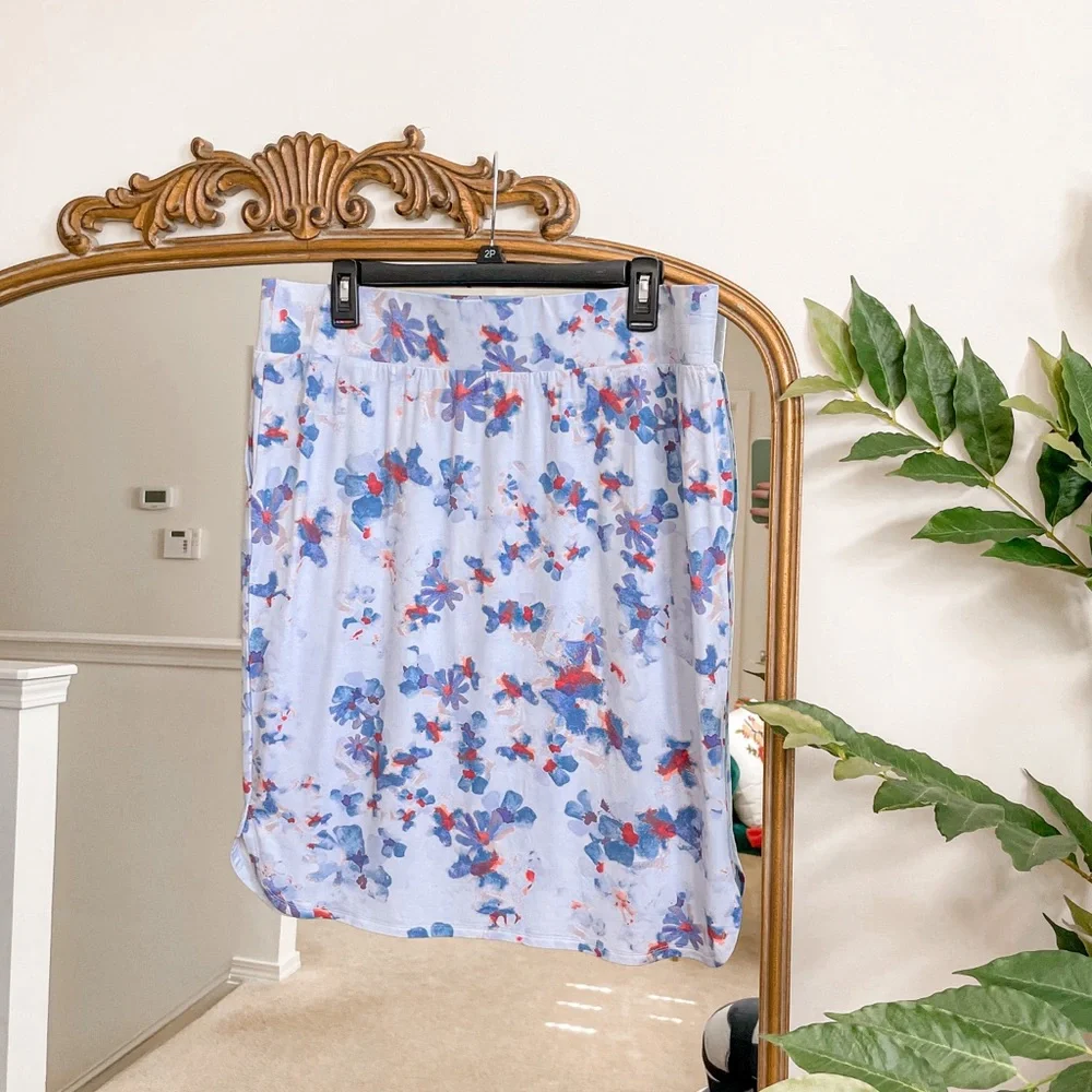 LOGO Lounge by Lori Goldstein Watercolor Floral French Terry Skirt Large